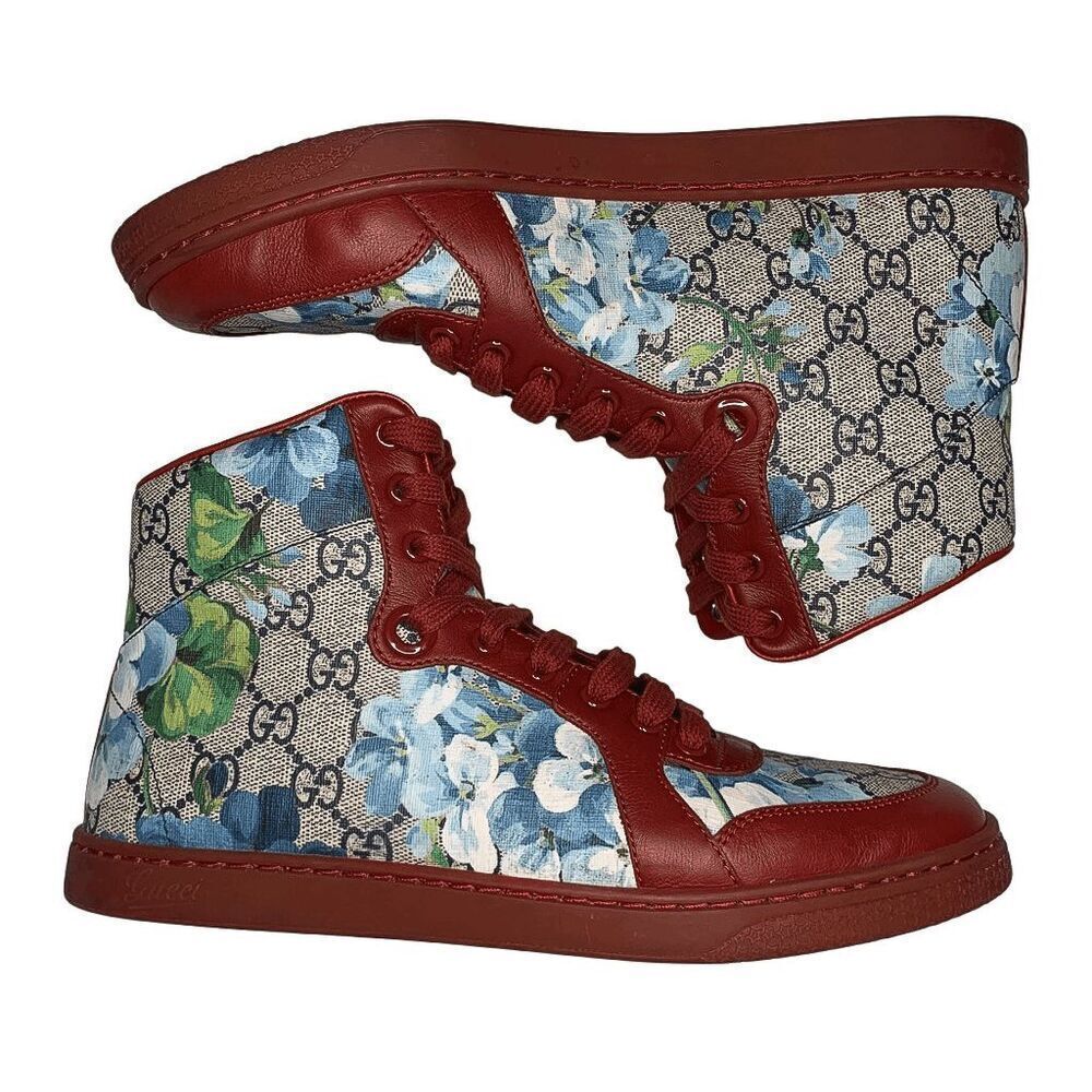 Gucci Coda Bloom High Top Sneaker Red EU 38.5 US 8.5 Blue Floral GG Supreme Logo - Picture 6 of 12